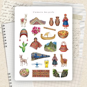 Puede incluir: Una hoja de pegatinas titulada L'armoire des profs con ilustraciones de una llama, montañas coloridas, cerámica, una persona con ropa tradicional, una flauta, un barco de juncos, un cuenco de comida, un cactus, un poncho, Machu Picchu, una bolsa, un tren, un perro, un símbolo de ave, un vaso de Inca Kola, un cuenco de ceviche, un tejido y un puente de cuerda.