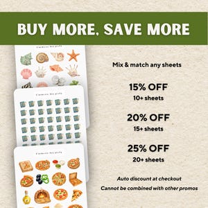 Puede incluir: Imagen de hojas de pegatinas con varios dise&ntilde;os, incluyendo conchas marinas, libros y pizzas. El texto "COMPRA M&Aacute;S, AHORRA M&Aacute;S" est&aacute; en la parte superior, con detalles de descuento: 15% de descuento en 10+ hojas, 20% de descuento en 15+ hojas y 25% de descuento en 20+ hojas.