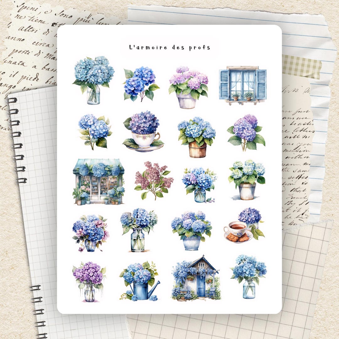 Hydrangea Planner Stickers, Blue Floral Stickers, Cottage Garden ...