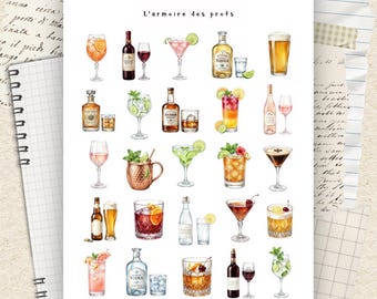Cocktail Stickers, Drink Stickers, Bar Cart Stickers, Happy Hour Stickers, Scrapbook Stickers, Cocktail Journal