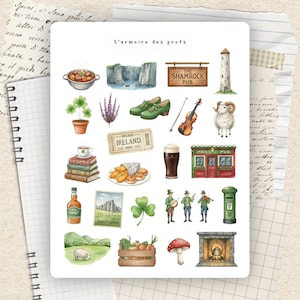 Peut inclure: Une planche d'autocollants intitulée L'armoire des profs présentant des illustrations à l'aquarelle de thèmes irlandais : ragoût, falaises, enseigne de pub, tour, trèfle, bruyère, chaussures vertes, violon, mouton, livres, ticket, fish and chips, bière brune, pub, whisky, carte postale, musiciens, boîte aux lettres, paysage, légumes, champignon et cheminée.