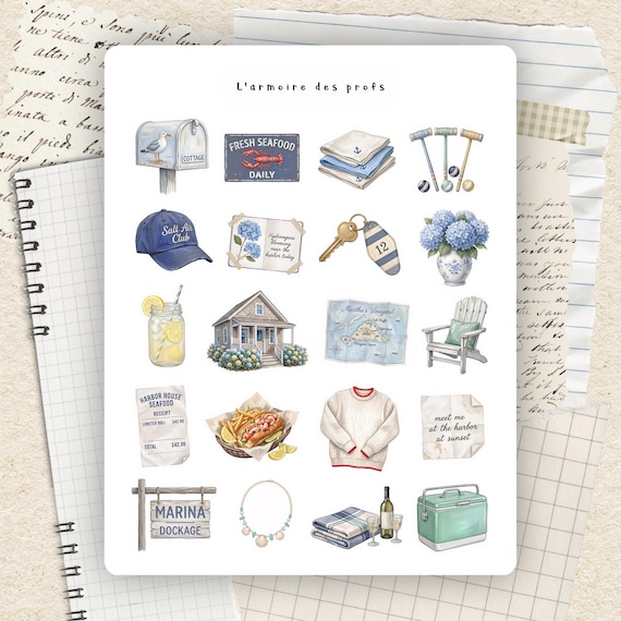 Coastal Cottage Stickers, New England Summer Scrapbook Stickers, Seaside Journal Ephemera, Hydrangea Beach House Planner Stickers