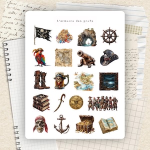 Peut inclure: Une collection d'autocollants sur le thème des pirates, comprenant un drapeau avec une tête de mort et des os croisés, un coffre au trésor, une roue de navire, un perroquet, une carte, un canon, un chapeau de pirate, un crâne, une carte au trésor et d'autres images de pirates. Le texte "L'armoire des profs" est visible.