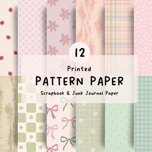 Könnte beinhalten: Ein Set aus 12 bedruckten Musterpapierbögen für Scrapbooking und Junk Journaling. Die Designs umfassen Erdbeeren, Punkte, Blumenmotive, Karos, Schleifen, Gänseblümchen und geometrische Formen in sanften Pastelltönen wie Rosa, Grün und Creme.