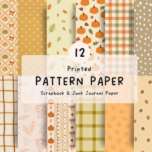 Peut inclure: Un ensemble de 12 papiers à motifs imprimés pour le scrapbooking et le junk journaling, présentant des designs sur le thème de l'automne avec des citrouilles, des feuilles, des glands, des carreaux, des pois et des nœuds dans des tons orange, jaune, vert et crème.