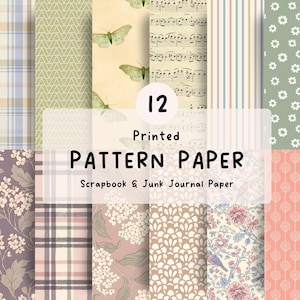 May include: A collection of 12 sheets of printed pattern paper for scrapbooking and junk journaling. The designs include plaid, geometric triangles, butterflies, musical notes, vertical stripes, flowers, and intricate botanical motifs.