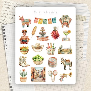 Peut inclure: Ensemble d'illustrations à l'aquarelle sur le thème mexicain. Comprend une piñata, un sombrero, une margarita, un cactus, des maracas et une scène de rue. Le texte "L'armoire des profs" est en haut.