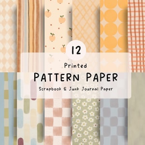 May include: A collection of 12 sheets of printed pattern paper for scrapbooking and junk journaling. The designs feature various motifs including diamonds, vertical stripes, apples, grids, circles, flowers, and checkered squares in soft pastel tones.