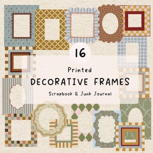 Può includere: Una collezione di 16 cornici decorative stampate per scrapbooking e junk journal. Le cornici presentano varie forme, tra cui rettangolari, ovali e con bordi smerlati, con motivi come quadretti vichy, pois, strisce e disegni floreali.