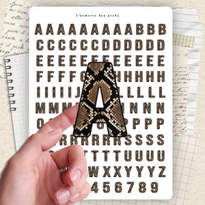 May include: A white sticker sheet labelled L'armoire des profs featuring an alphabet and numbers zero through nine in a brown and black snakeskin pattern. A single large letter A sticker with the same snakeskin print is held in the foreground.