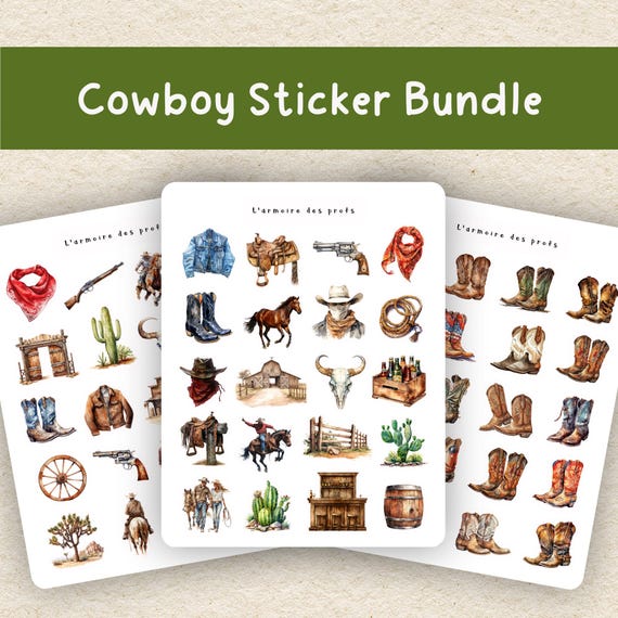 Cowboy Planner Stickers Bundle, Sticker Sheet Bundle Pack, Journal Stickers, Scrapbook Stickers, Aesthetic Planner Stickers