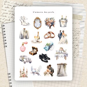 May include: A collection of watercolour illustrations depicting wedding elements such as a bridal gown, wedding rings, champagne, a vintage car, and a bouquet. The text "L'armoire des profs" is at the top.