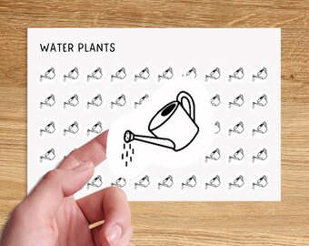 May include: A sheet of stickers with the text "WATER PLANTS" at the top. The stickers feature a black and white illustration of a watering can pouring water.