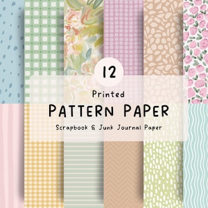 May include: A collection of 12 printed pattern papers for scrapbooking and junk journaling. The designs include light blue dots, green grids, floral motifs, pink polka dots, beige organic shapes, pink roses, stripes, yellow gingham, and wavy lines.