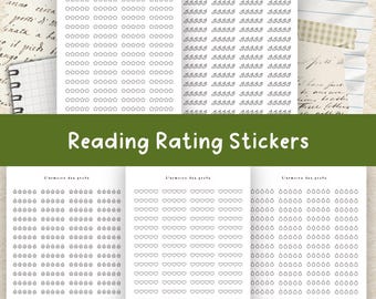 May include: Reading rating stickers with star, heart, and circle designs. The stickers are arranged on white sticker sheets. The text "Reading Rating Stickers" is displayed in a green banner.