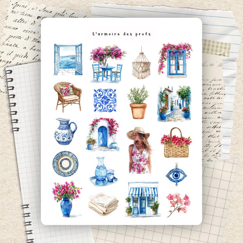 Puede incluir: Una hoja de pegatinas con ilustraciones de acuarela de temas griegos y mediterr&aacute;neos. La hoja incluye im&aacute;genes de una ventana, mesa y sillas, un colgante de macram&eacute;, una silla, azulejos, una planta, una puerta, una mujer, una cesta, un plato, un jarr&oacute;n, una tienda y un ojo.