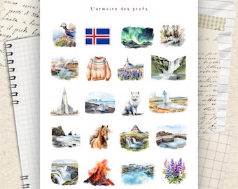 May include: A sheet of watercolour illustrations depicting Icelandic scenes and symbols. The images include a puffin, the Icelandic flag, the Northern Lights, sheep, waterfalls, a sweater, a church, a fox, and lupine flowers. The text reads "L'armoire des profs".