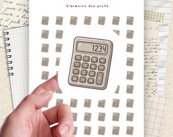 May include: A sheet of stickers featuring calculator designs. The main sticker shows a calculator with the number 1234 displayed. The text "L'armoire des profs" is at the top. The stickers are held by a hand.