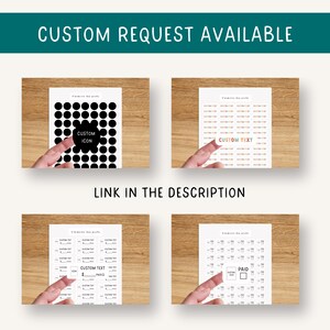 May include: Four images showing different types of printable planner stickers. The first image shows a sheet of black and white circle stickers with the text "CUSTOM ICON". The second image shows a sheet of stickers with the text "CUSTOM TEXT" in rainbow colours. The third image shows a sheet of stickers with the text "CUSTOM TEXT" in black and white. The fourth image shows a sheet of stickers with the text "PAID" in a black square.