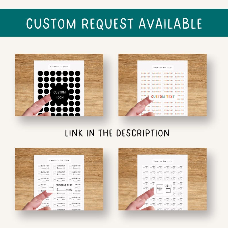 May include: Four images showing different types of printable planner stickers. The first image shows a sheet of black and white circle stickers with the text "CUSTOM ICON". The second image shows a sheet of stickers with the text "CUSTOM TEXT" in rainbow colours. The third image shows a sheet of stickers with the text "CUSTOM TEXT" in black and white. The fourth image shows a sheet of stickers with the text "PAID" in a black square.