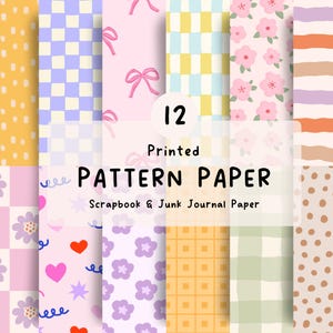 Peut inclure: Une collection de 12 papiers à motifs imprimés pour le scrapbooking et les junk journals. Les papiers présentent divers motifs, notamment floraux, vichy, pois, nœuds et cœurs, dans des couleurs pastel comme le rose, le jaune et le bleu.
