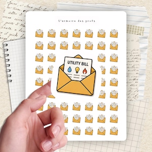 May include: Sticker sheet with a utility bill design, including water, electricity, and gas icons. The stickers are shaped like open envelopes. The text "L'armoire des profs" is at the top.