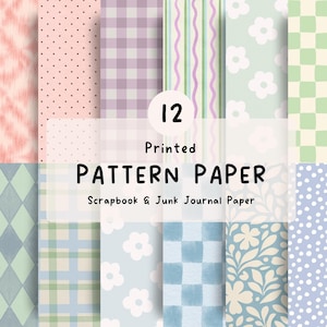 Könnte beinhalten: Eine Sammlung von 12 bedruckten Musterpapieren für Scrapbooking und Junk Journaling. Die Designs umfassen rosa Punkte, violettes Vichy-Muster, grüne Streifen, weiße Blumen auf Hellblau, grüne Karos, Rauten und florale Motive.