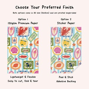K&ouml;nnte beinhalten: Zwei A5-gro&szlig;e Papiere mit Muster und blau-wei&szlig; gestreiftem Hintergrund. Die Designs zeigen Illustrationen wie Hummer, Eiscreme und Muscheln. Der Text lautet "W&auml;hlen Sie Ihr bevorzugtes Finish" und beschreibt die Papieroptionen.