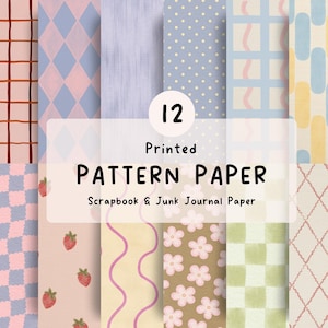 Peut inclure: Un ensemble de 12 feuilles de papier à motifs imprimés pour le scrapbooking et le junk journaling. Les designs incluent des grilles, des losanges, des pois, des fraises, des lignes ondulées et des fleurs dans des tons pastel variés.