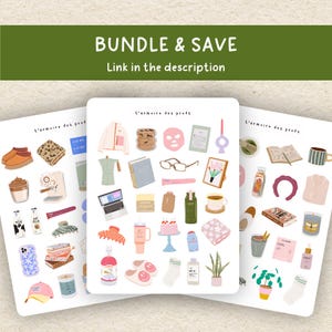 May include: Three sticker sheets with various illustrated items, including a laptop, coffee maker, books, and skincare products. The text "BUNDLE & SAVE" is at the top, with "Link in the description" below it. The phrase "L'armoire des profs" is also present.