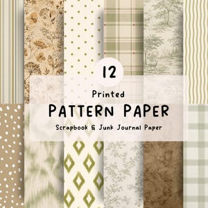 Peut inclure: Un ensemble de 12 papiers à motifs imprimés pour le scrapbooking et le junk journaling. Les designs incluent des rayures verticales, des illustrations botaniques, des pois, un motif écossais vert et blanc, une forêt avec des cerfs et des textures.