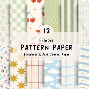 Könnte beinhalten: Ein Set aus 12 bedruckten Musterpapieren für Scrapbooking und Junk Journaling. Die Designs umfassen hellgrüne Karos, rote Kirschen mit Gesichtern, weiße Sterne auf Grün, grüne Streifen, Punkte, buntes Konfetti, gelbe Sterne und Wolkenmuster.