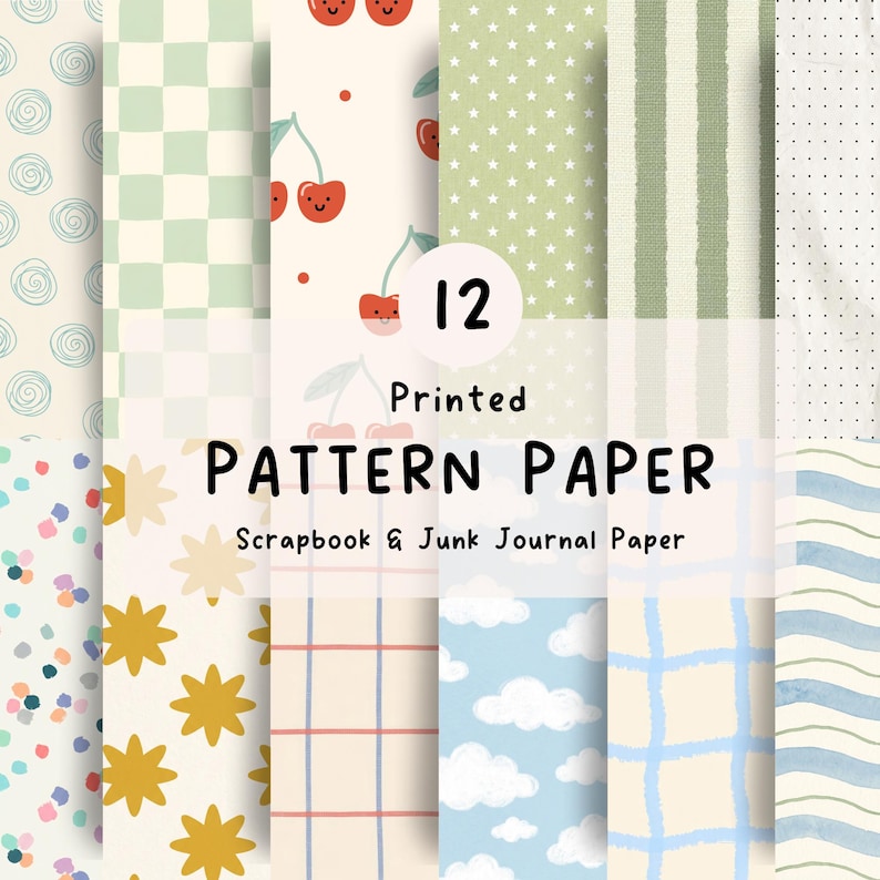 May include: A collection of 12 printed pattern papers for scrapbooking and junk journaling. The designs include light green checkers, red cherries with faces, white stars on green, green stripes, dots, colorful confetti, yellow stars, and clouds.