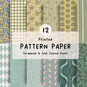 May include: A collection of 12 sheets of printed pattern paper for scrapbooking and junk journaling. The designs feature various motifs including floral prints, green and white gingham, diamonds, polka dots, and wavy lines in earthy tones.