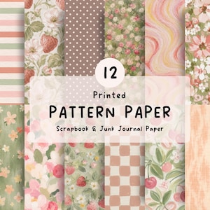 May include: A collection of 12 printed pattern papers for scrapbooking and junk journaling. The designs feature various motifs including strawberries, cherries, floral arrangements, polka dots, stripes, and checkered patterns in soft pink, green, and white.