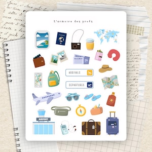 May include: A collection of travel-themed stickers featuring a passport, camera, airplane, sunglasses, and luggage. The stickers include the text "L'armoire des profs", "Arrivals", "Departures", and "Airport". The color palette includes blue, brown, yellow, and green.