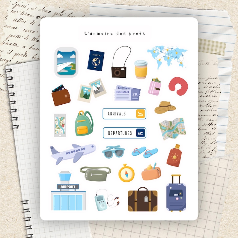 May include: A collection of travel-themed stickers featuring a passport, camera, airplane, sunglasses, and luggage. The stickers include the text "L'armoire des profs", "Arrivals", "Departures", and "Airport". The color palette includes blue, brown, yellow, and green.