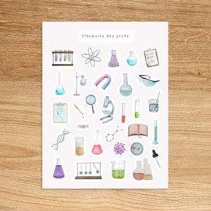 May include: A sheet of stickers featuring watercolor illustrations of science-themed objects, including beakers, test tubes, a microscope, a DNA strand, a pendulum, and a clipboard with a checklist. The text "L'armoire des profs" is at the top of the sheet.