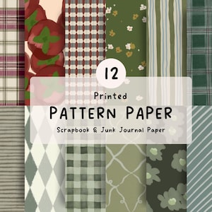 May include: A collection of 12 printed pattern papers for scrapbooking and junk journaling, featuring various designs including red persimmons, green floral prints, plaid, stripes, gingham, and diamond patterns in shades of green, red, and white.