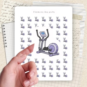 May include: A sticker sheet with a large illustration of a purple and grey elliptical machine, surrounded by smaller elliptical machine illustrations. The text "L'armoire des profs" is at the top.