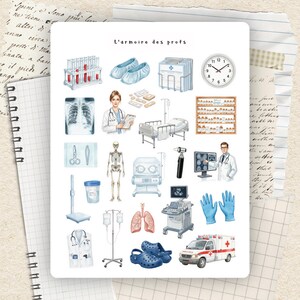 May include: A collection of medical-themed illustrations, including a clock, medical equipment, and a doctor. The text "L'armoire des profs" is visible. The illustrations are set against a backdrop of lined paper and handwritten notes.