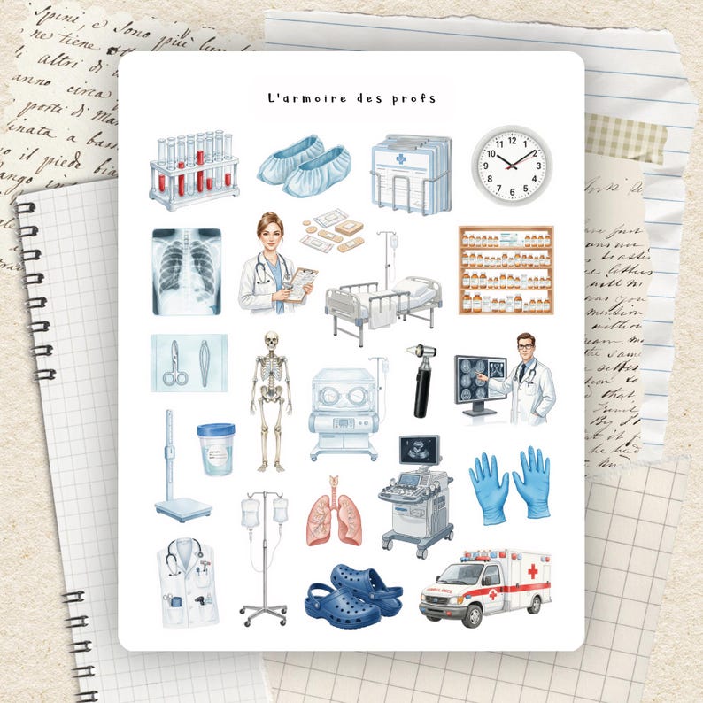 May include: A collection of medical-themed illustrations, including a clock, medical equipment, and a doctor. The text "L'armoire des profs" is visible. The illustrations are set against a backdrop of lined paper and handwritten notes.