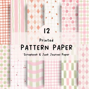 Peut inclure: Un ensemble de 12 papiers à motifs imprimés pour le scrapbooking et le junk journaling. Les designs présentent divers motifs incluant des rayures roses et vertes, du vichy, des pois, des losanges, des fraises et des cerises sur fond blanc.