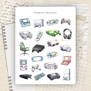May include: Watercolor illustration of various gaming consoles and accessories, including handhelds, controllers, and a gaming chair. The text "L'armoire des profs" is at the top. The image is on a white background with notebook paper.