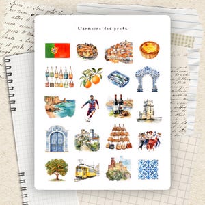 May include: A collection of watercolor illustrations featuring Portuguese cultural elements. Includes the Portuguese flag, food, architecture, and a soccer player. The text "L'armoire des profs" is visible.