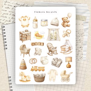 May include: Watercolor illustrations of baby items, including a crib, rocking chair, teddy bear, and a baby carriage. The image features a neutral color palette with soft beige and cream tones. The text "L'armoire des profs" is at the top.