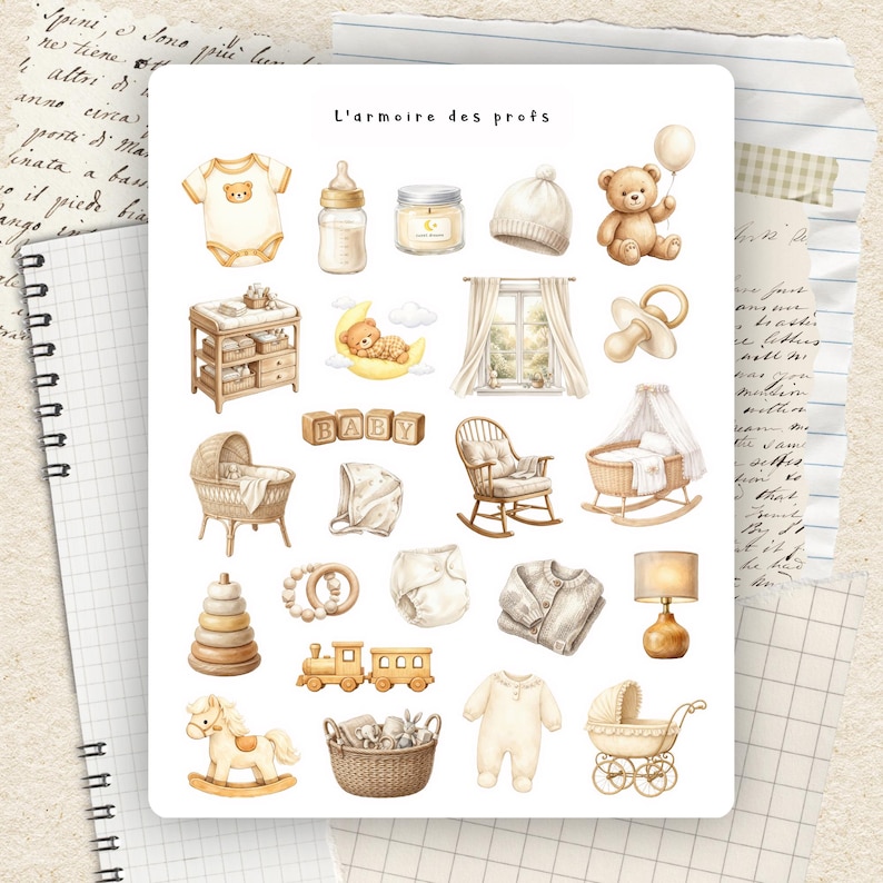 May include: Watercolor illustrations of baby items, including a crib, rocking chair, teddy bear, and a baby carriage. The image features a neutral color palette with soft beige and cream tones. The text "L'armoire des profs" is at the top.