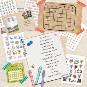 Puede incluir: Una colecci&oacute;n de art&iacute;culos de papeler&iacute;a, que incluye pegatinas, un calendario semanal, un bloc de notas con una lista "Perfecto para" y bol&iacute;grafos de colores. Los art&iacute;culos est&aacute;n dispuestos sobre una superficie clara, con acentos de cinta adhesiva decorativa.