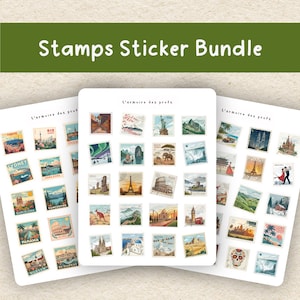 Op de afbeelding: Een stickerbundel met reis-thema postzegels met illustraties van bezienswaardigheden en stadsgezichten. De stickers bevatten de tekst "Stamps Sticker Bundle" en de zin "L'armoire des profs". De stickers zijn op wit karton.