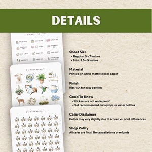 May include: White sticker sheets with various illustrations and text, including holiday and decorative images. The text "DETAILS" is at the top. Sheet sizes are 5 x 7 inches and 3.5 x 5 inches. The stickers are printed on white matte sticker paper.